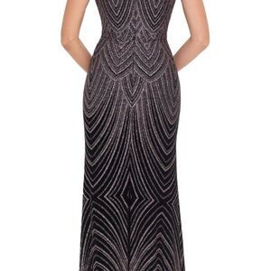 Betsy & Adam Gray Sequin Embellished Backless Gown